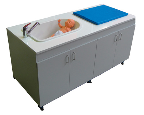 Paillasse puériculture économique 2400 x 750 x 900 mm - Réf SPE 9193 - BIOLAB, avec baignoire moulée et rangement intégré_0