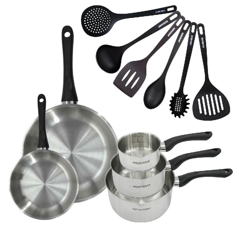 Set 2 poêles 20 et 28 cm 3 casseroles 12 16 et 20 cm en inox et 6 ustensiles Fackelmann Geneva - gris inox 3176239944464_0