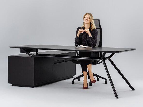 Bureau de direction Volkor sur crédence en placage de bois et cuir_0