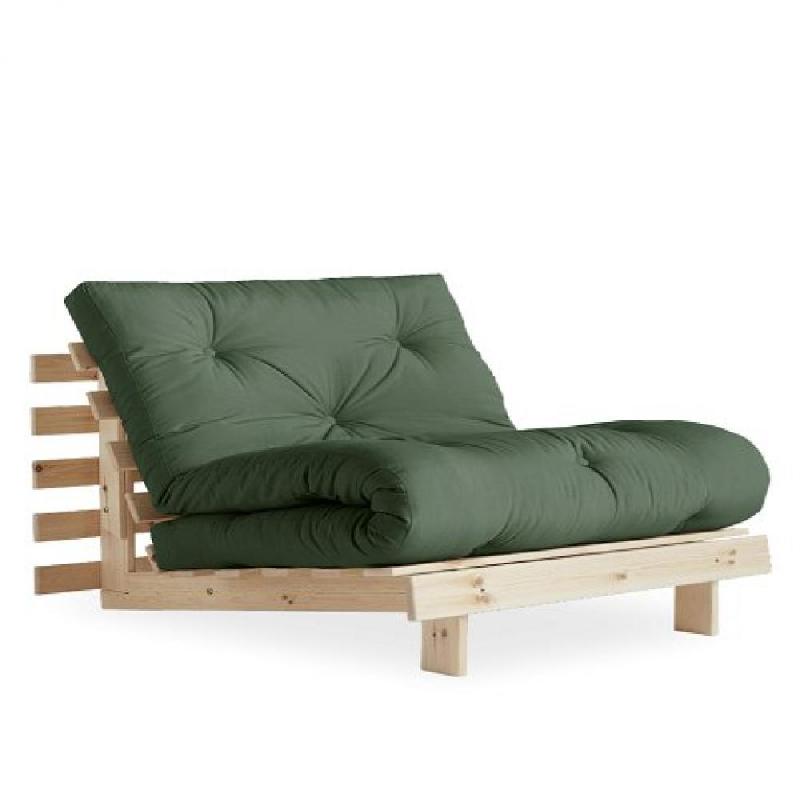 FAUTEUIL CONVERTIBLE FUTON ROOTS PIN NATUREL COLORIS VERT OLIVE COUCHAGE 90 X 200 CM._0