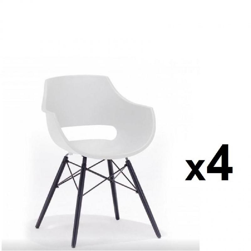 LOT DE 4 CHAISES SCANDINAVE REMO COQUE BLANCHE PIÉTEMENT HÊTRE LAQUE NOIR MAT_0