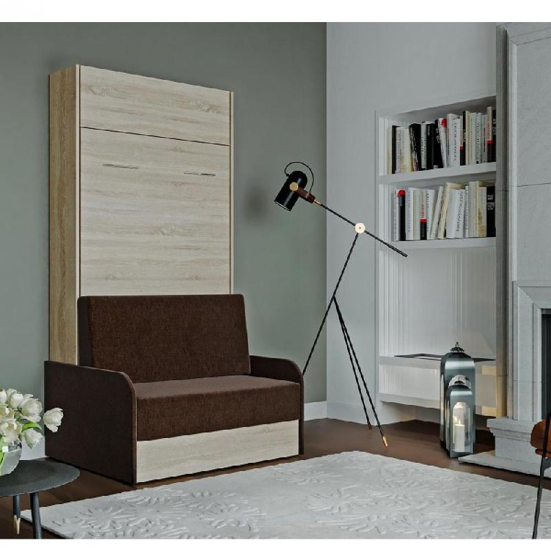 Armoire lit escamotable Dynamo Sofa - chêne, canapé tissu marron avec accoudoirs - couchage 90x200 cm_0