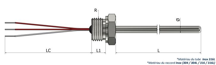 Sonde à résistance à visser (RTD) - Raccord fixe avec fils libres - Type 2 - PR02_0