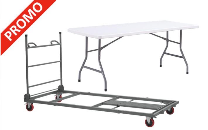 Lot de 20 tables pliantes rectangulaires en polypropylène 183 x 76 cm - Garantie 3 ans - Avec chariot et table offerte_0
