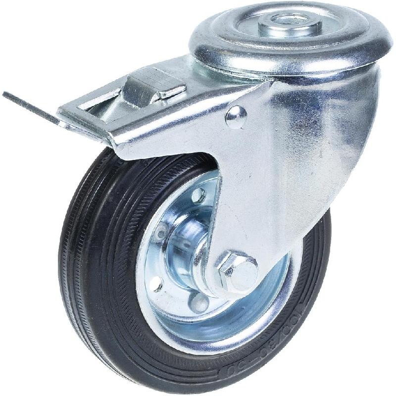 Roulette pivotante/frein de 100 mm en caoutchouc noir sur roue centrale en acier embouti_0