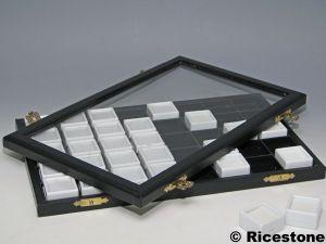 6) COFFRET VITRÉ ESCAMOTABLE 40X BOÎTES GEMMES 3X3.