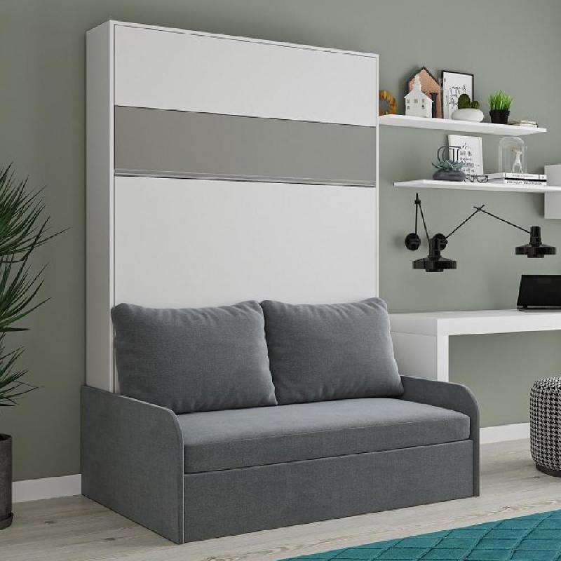 Armoire lit escamotable Bermudes Sofa blanc - bandeau gris - canapé gris 140x200 cm avec rangement intégré_0