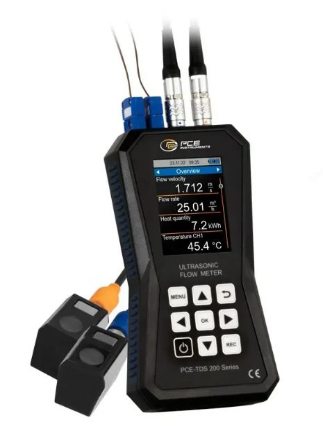 Débitmètre à ultrason portatif PCE-TDS 200+ M - Avec capteurs pour tuyaux moyens, capteurs de température et mémoire 32 GB - PCE INSTRUMENTS_0
