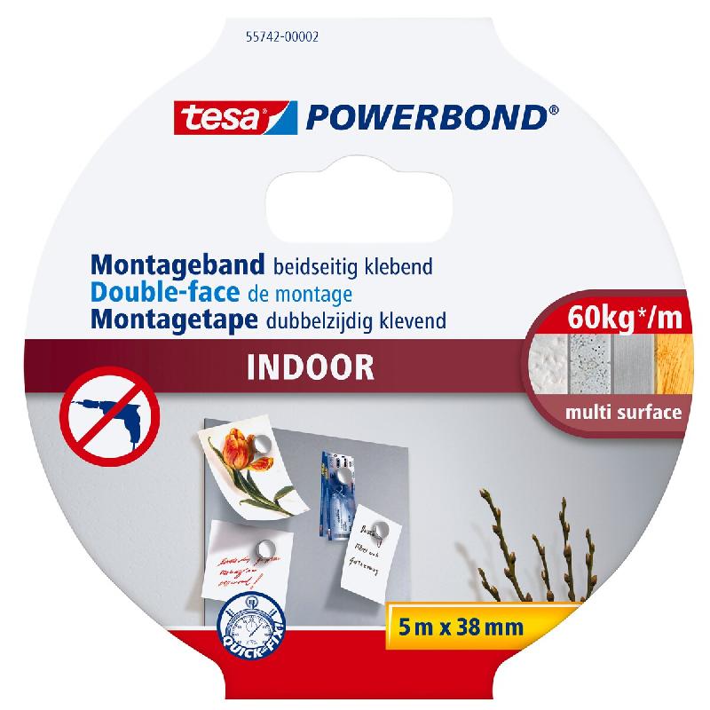 Tesa Powerbond INDOOR - Ruban de montage double face pour l'intérieur - très adhésif des deux côtés, pour une fixation permanente - 5m x 38mm - b_0