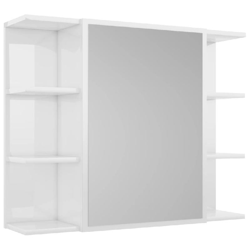 Armoire à miroir de bain - 80 x 20,5 x 64 cm - Aggloméré blanc brillant avec 1 porte et 8 compartiments - Réf : 02_0006683_0