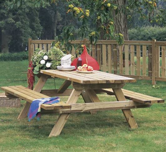 Table forestière en pin traité classe 3 - robuste et pratique avec bancs rabattables pour parc ou jardin_0
