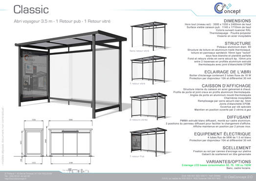 Abri bus classic / structure en aluminium / bardage en verre securit / avec banquette / 350 x 240 cm_0