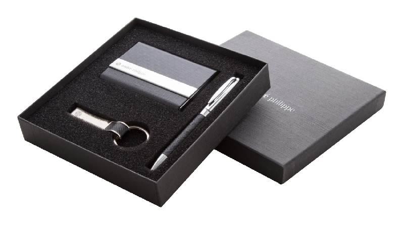 Set de bureau - stylo à bille, porte-cartes et porte-clés en métal et PU - André Philippe_0