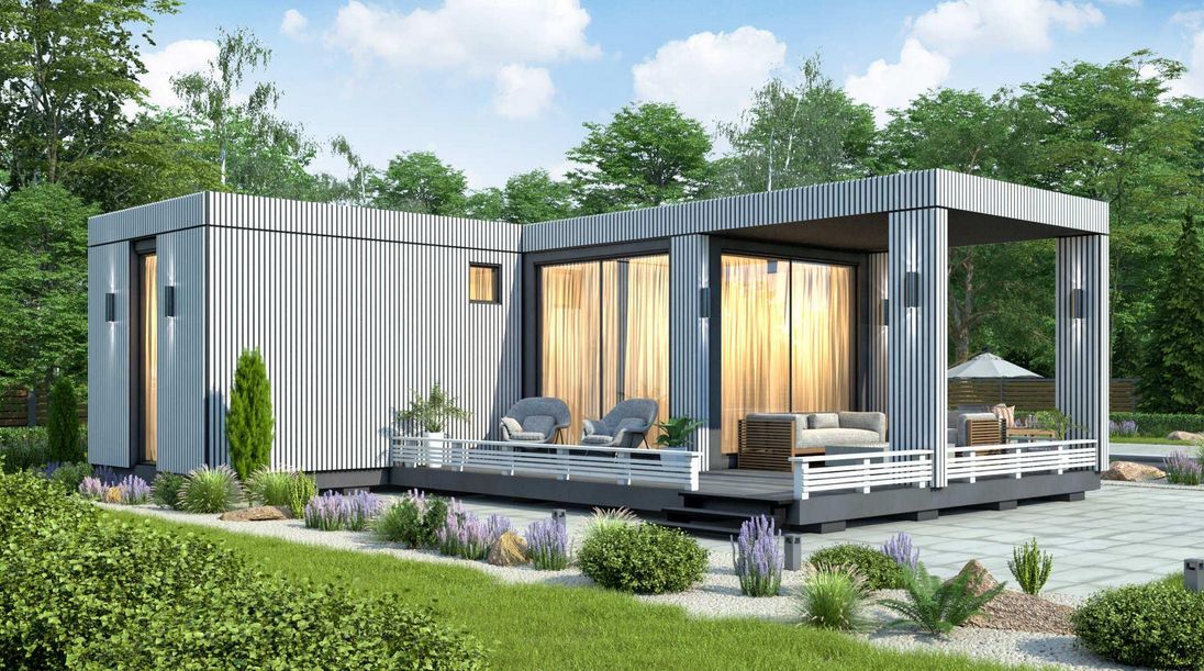 Studio de jardin préfabriqué en acier, 30 m² - ISK27 avec chambre, bureau et terrasse_0