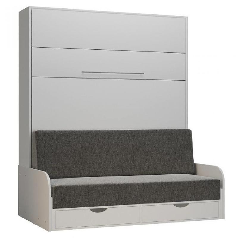 ARMOIRE LIT ESCAMOTABLE KOMPACT SOFA CANAPÉ TIROIRS ACCOUDOIRS BLANC MAT TISSU GRIS COUCHAGE 160*200 CM_0