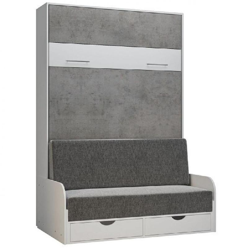 Armoire lit escamotable LOFT SOFA gris béton avec canapé et accoudoirs blancs - Couchage 140x200 cm_0