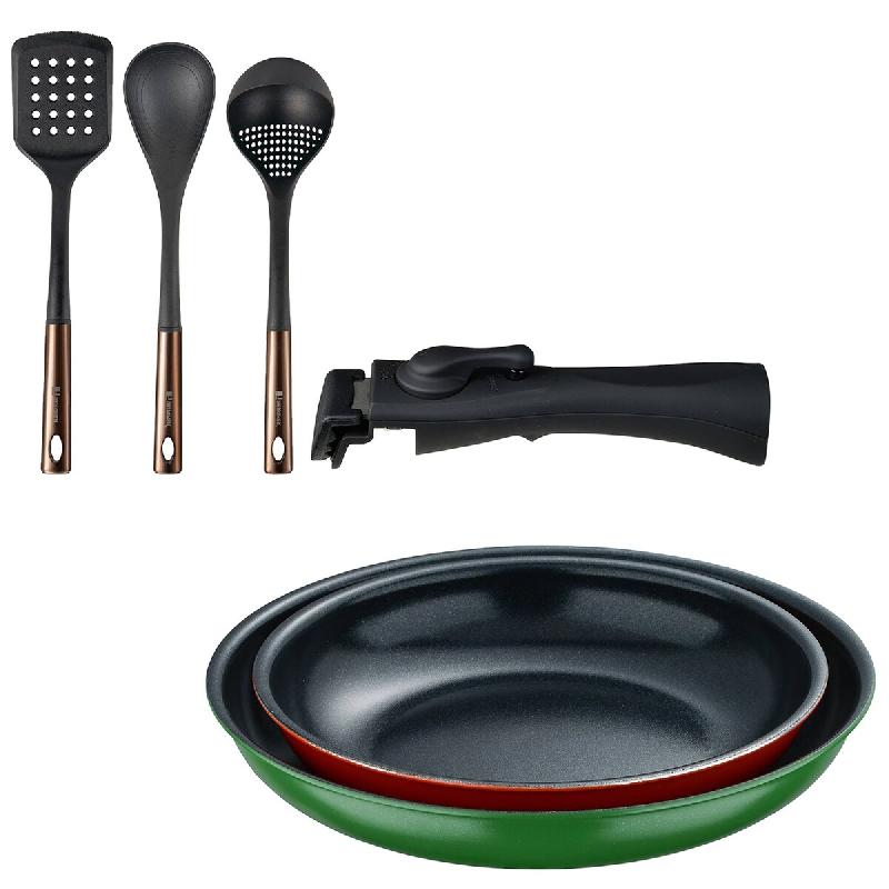 BERGNER - Jeu de 2 Poêles Ø22/26 cm en Aluminium Embouti avec Manche Amovible et Jeu de 3 Ustensiles de Cuisine en PBT noir et cuivre - PK9647_0