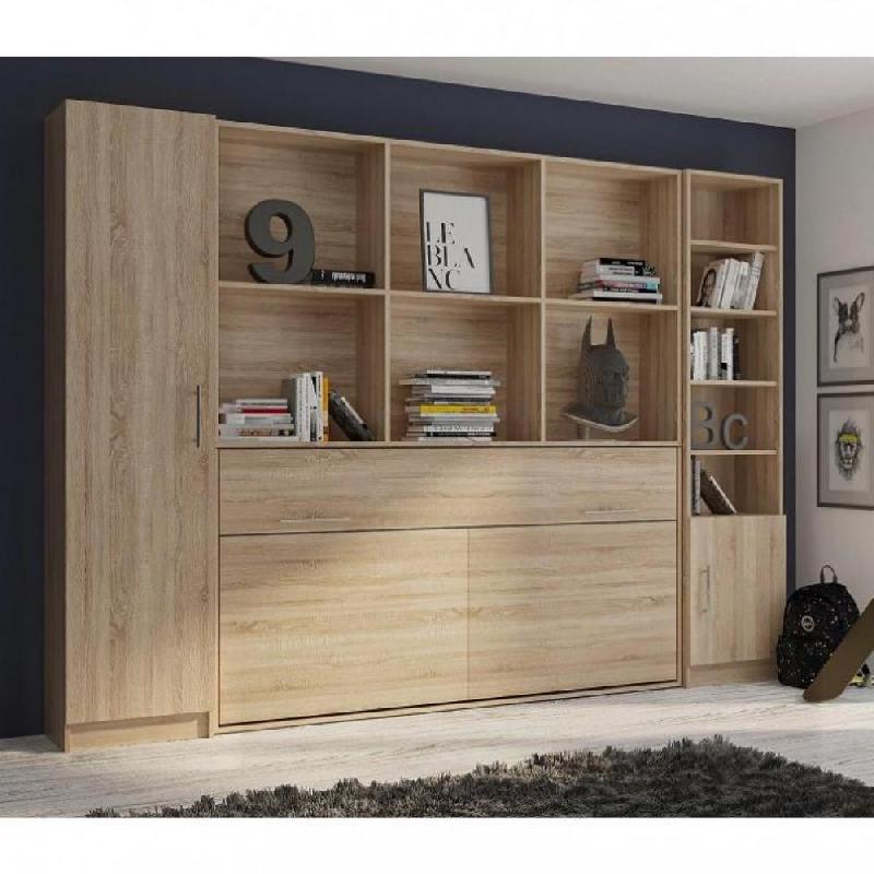 Composition lit escamotable VERTIGO chêne naturel - Largeur 311 cm - Couchage 90x200 cm - Avec colonnes de rangement_0