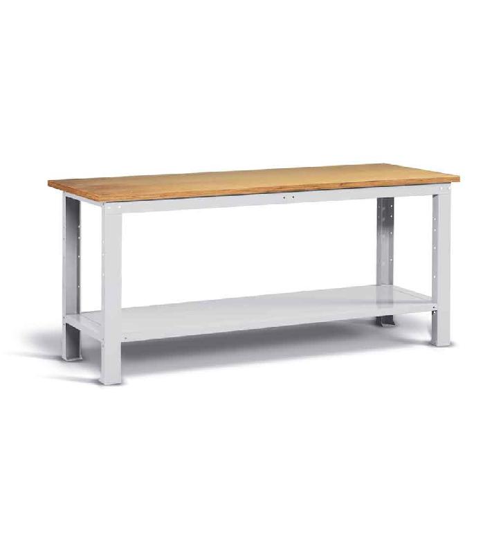 Établi métallique Fortis - plateau bois multipli hêtre 30 mm - charge 1000 kg - L. 2000 mm - gris clair RAL 7035_0