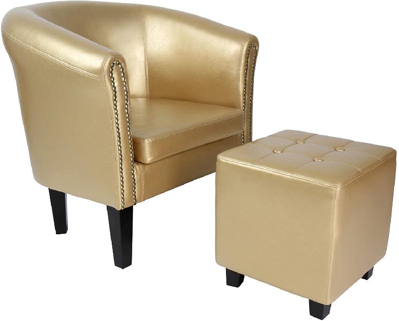 Fauteuil Chesterfield avec repose-pied en synthétique - éléments décoratifs en cuivre - couleur dorée au choix - chaise cabriolet, tabouret, pouf - meuble de salon 01_0000100_0