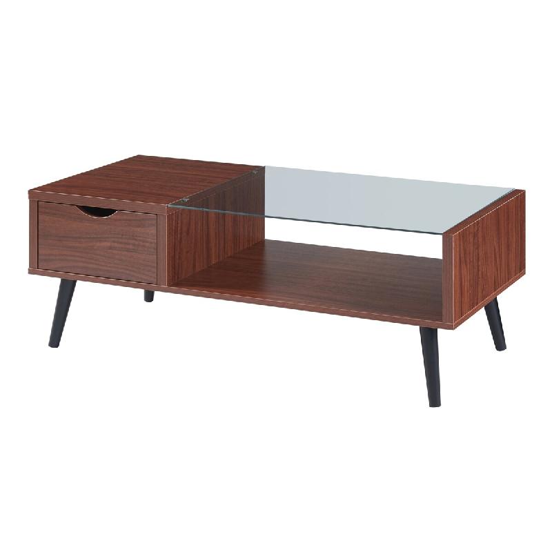 Helloshop26 - Table basse console d'appoint de salon aryd avec tiroir et étagère panneau de particules verre 110 x 50 x 40 cm effet noyer 03_0010779_0