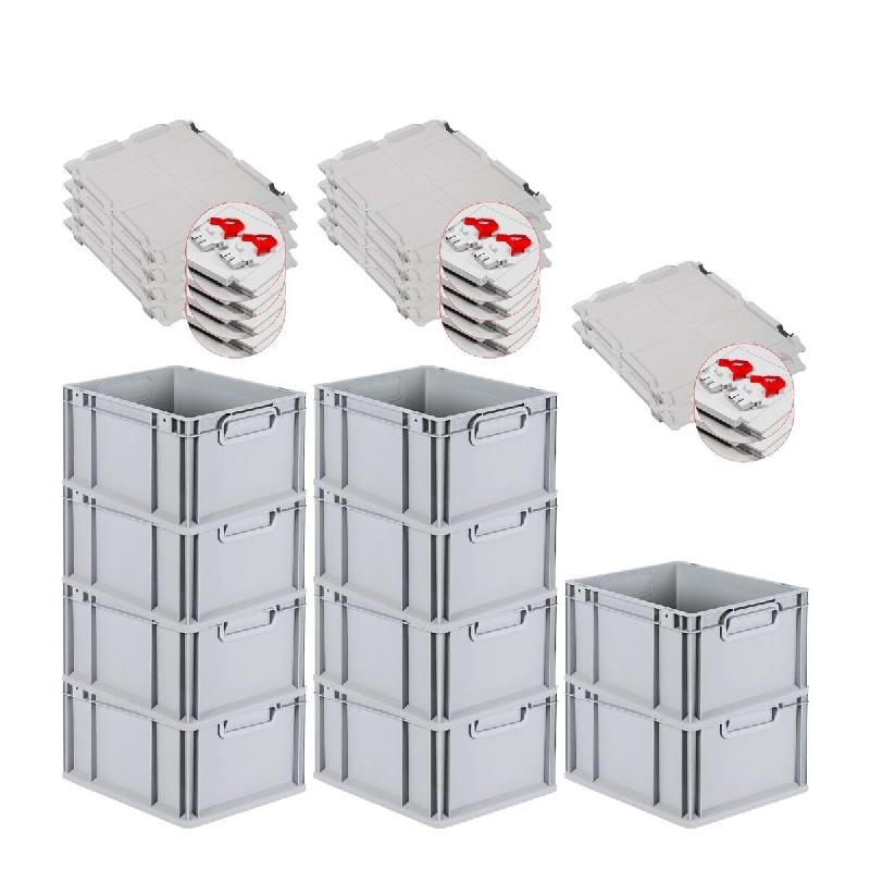 PROREGAL 10x Bac Euro NextGen Economy couvercle à charnières, fermetures à glissière rouges, poignées fermées, 22x30x40cm, 20L - noir plastique_0