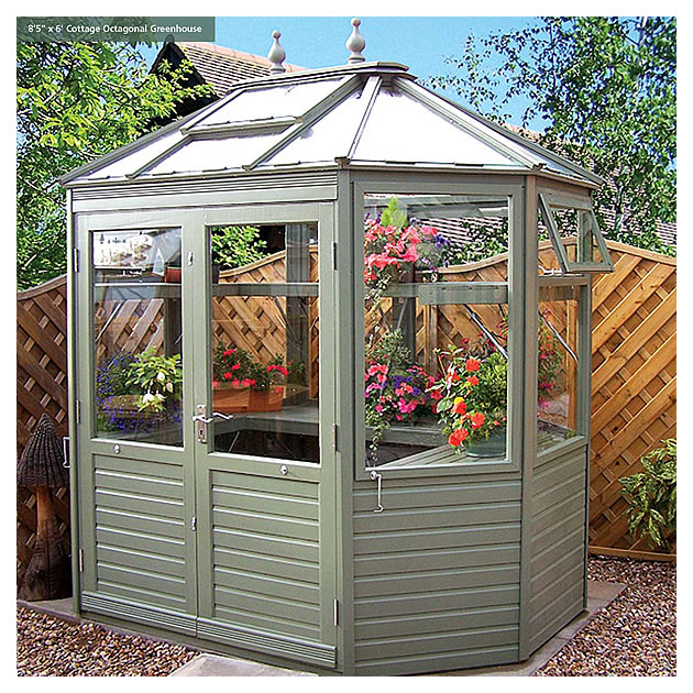 Serre de jardin Cottage octogonale en cèdre rouge - 1,83m x 2,45m avec lucarnes automatiques et étagères_0