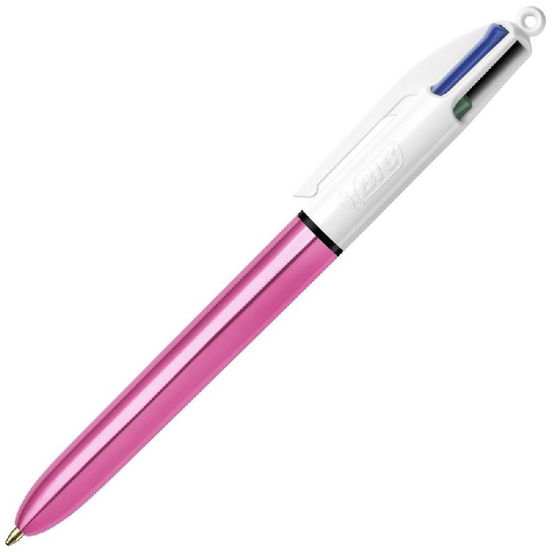 STYLO BILLE BIC RETRACTABLE 4 COULEURS SHINE - POINTE MOYENNE 1 MM - CORPS ROSE METAL  - LOT DE 2