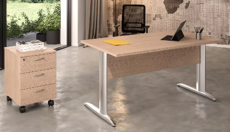 Bureau droit en 'L' avec pieds métalliques - rangement caisson sur roulettes - So Presto 120 x 80 cm - Alu, Aulne, 3 tiroirs_0