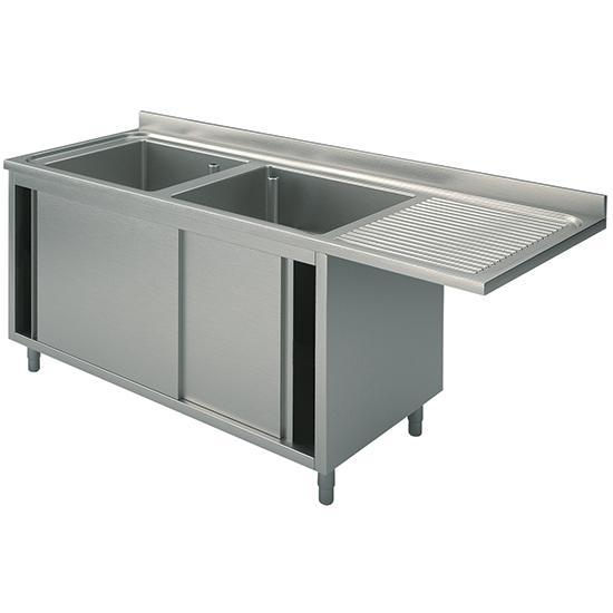 Plonge inox sur armoire avec portes coulissantes, place pour lave-vaisselle, 2 bacs à gauche, 1800x700 mm - SLA2LD1807_0