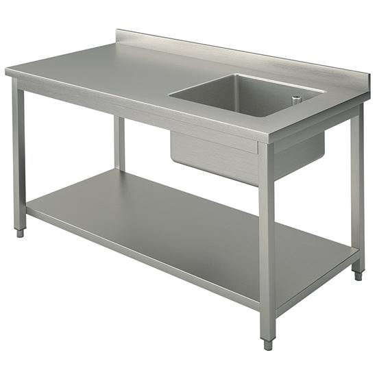 Table inox de travail avec bac à droite, avec dosseret, avec étagère, 1400x700 mm - DTRVAD714_0