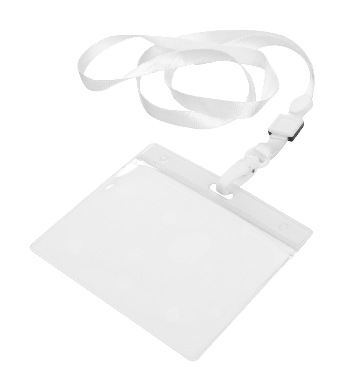 Tour de cou en polyester - avec mousqueton en plastique et pochette pour badge en PVC - couleur blanche_0