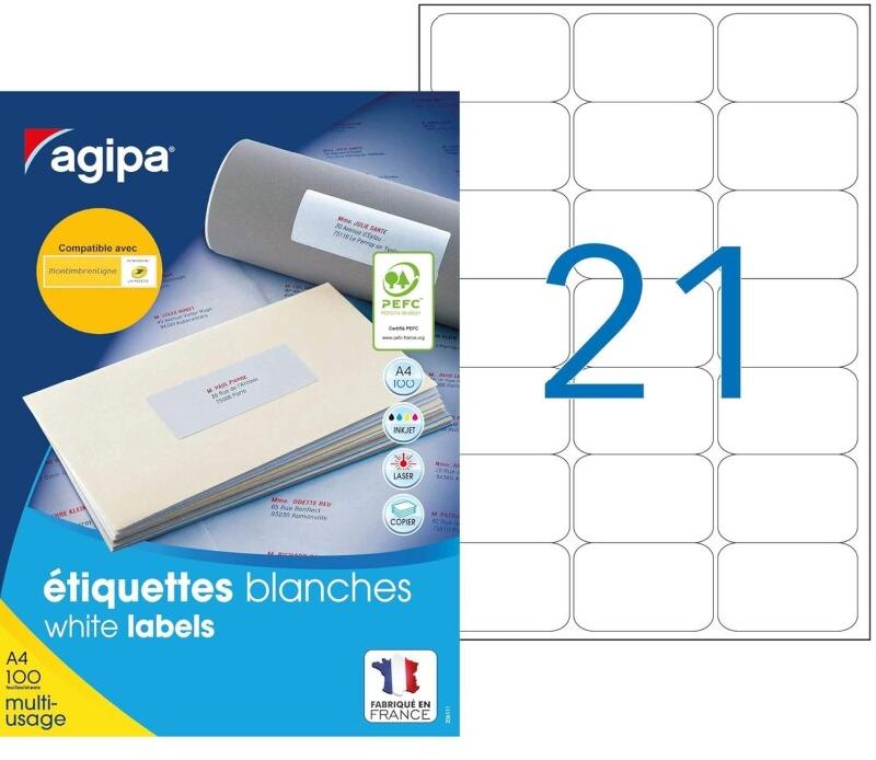2100 étiquettes blanches multi-usage, format 63,5 x 38,1 mm (100 feuilles A4 / cdt) - 3270241189841_0