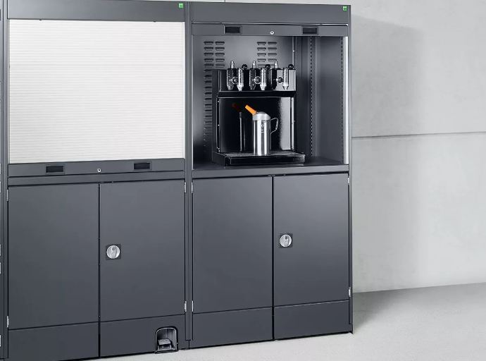 Armoire à huile fraîche pour bar à huile - Bac de récupération intégré - Volets roulants et étagères_0