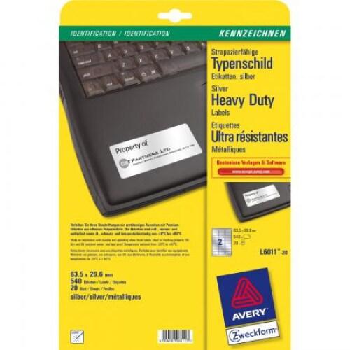 AVERY 540 étiquettes ultra-résistantes métallisées Laser, format 63,5 x 29,6 mm (20 feuilles A4 / cdt) - 5014702990977_0