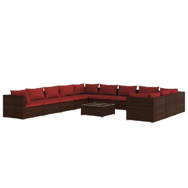 Helloshop26 - Salon de jardin meuble d'extérieur ensemble de mobilier 12 pièces avec coussins résine tressée marron - marron verre 3000147941539_0