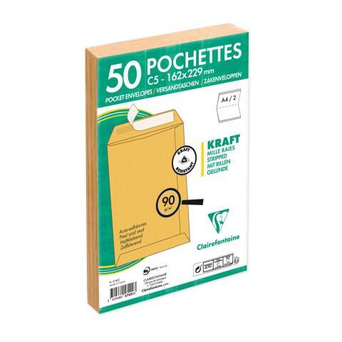 LOT DE 10 - PAQUET DE 50 POCHETTES KRAFT MILLERAIES BRUN C5-162X229 MM - AUTO-ADHÉSIVES - 90G/M2 - BRUN