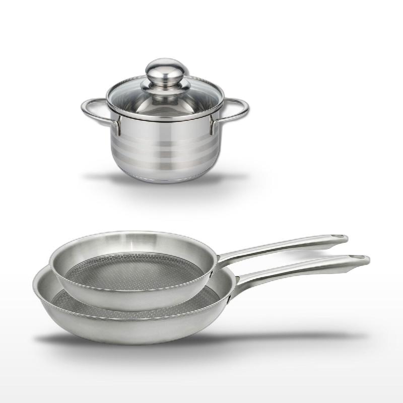 Lot de 2 Poêles 24/28 cm et Faitout 14 cm Elo Relief Passion - gris Acier inoxydable 18/10 3176239953886_0