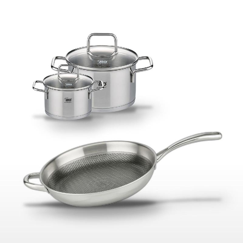 Lot Poêle 32 cm & 2 Faitouts 20/14 cm Elo Relief Evolution - gris inox 3176239954739_0