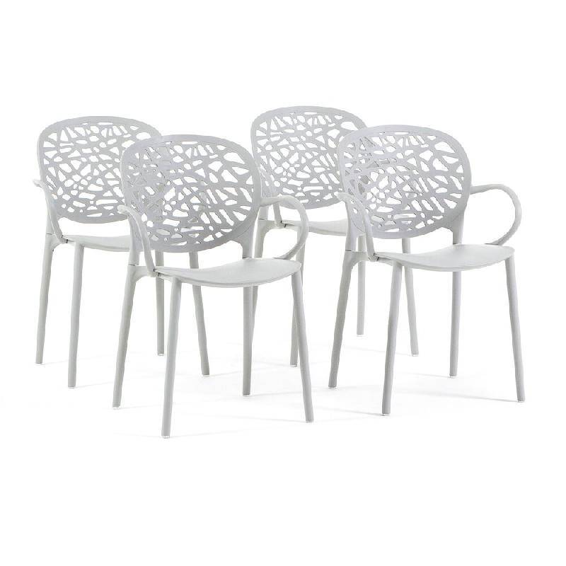 RATTATAN Lot de 4 chaises d'extérieur avec accoudoirs empilables en polypropylène dossier ajouré design naturel pour jardin terrasse bar restaurant_0