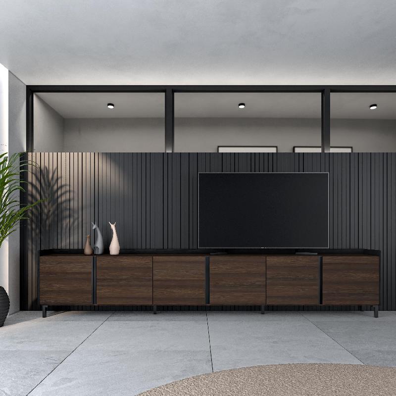 SKRAUT HOME - MEUBLE TV EFFET BOIS DE CHÊNE FONCÉ ET NOIR 309X35X61CM AVEC PIEDS