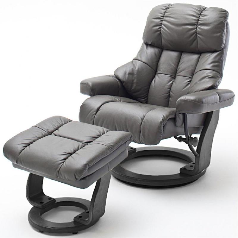 Fauteuil relax CLAIRAC XL - Assise en cuir nougat, piètement en bois noir, avec repose-pied inclus, inclinable et pivotant à 360°_0