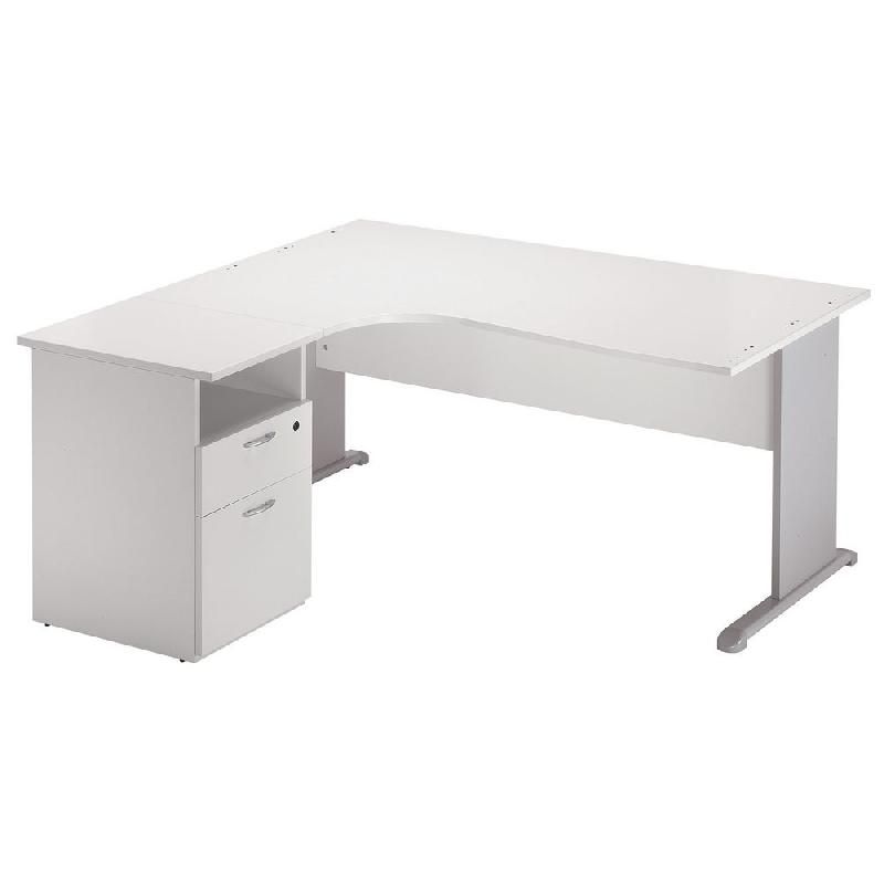 PACK PRONTO TENDANCE : 1 BUREAU COMPACT RETOUR À GAUCHE BLANC PIEDS ALUMINIUM + 1 CAISSON HAUTEUR BUREAU PROF. 60 CM