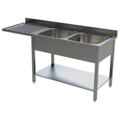 PLONGE INOX 2 BACS AVEC ENCASTREMENT LV + ÉGOUTTOIR GAUCHE 700X1800 MM