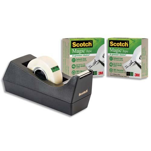 Scotch lot de 3 rubans scotch magic recyclé, 19mmx30m + 1 dévidoir