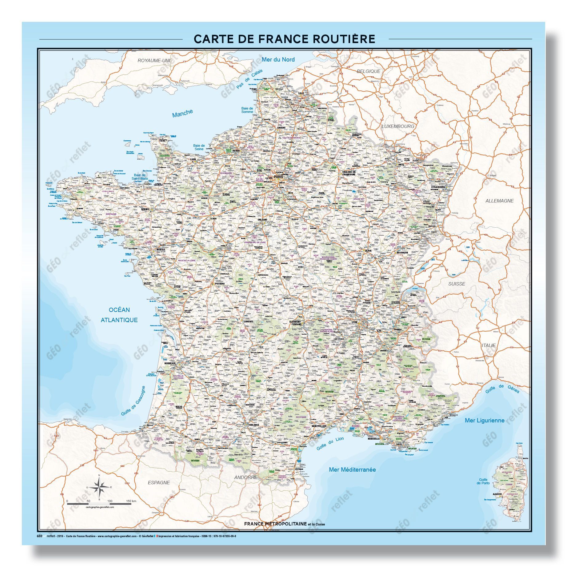 Carte de france routière - poster plastifié velleda 2 oeillets