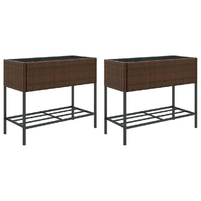 Helloshop26 - Jardinière bac lit surélevé plantes fleurs jardin terrasses avec étagère lot de 2 brun 90 x 40 x 75 cm résine tressée 02_0038884_0