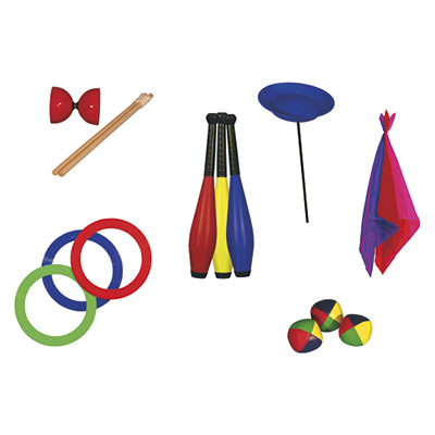 KIT JONGLERIE : 3 BALLES A GRAINS, 3 ANNEAUX, 3 FOULARDS, 3 MASSUES, 1 ASSIETTE, 1 DIABOLO