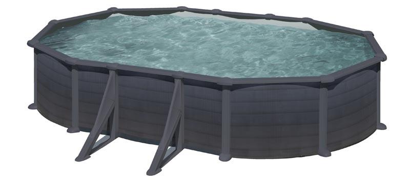 Piscine ovale acier 6,34m x 3,99m x h: 1,32m  - gris anthracite - filtration à sable - renforts apparents_0