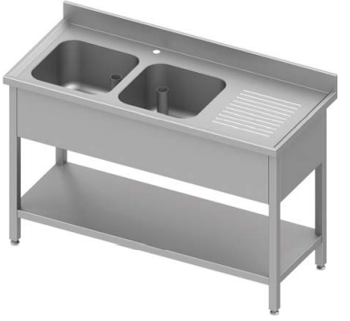 Plonge inox adossée avec 2 bacs  à gauche avec étagère 1500x600x900 soudée - 934606150S_0